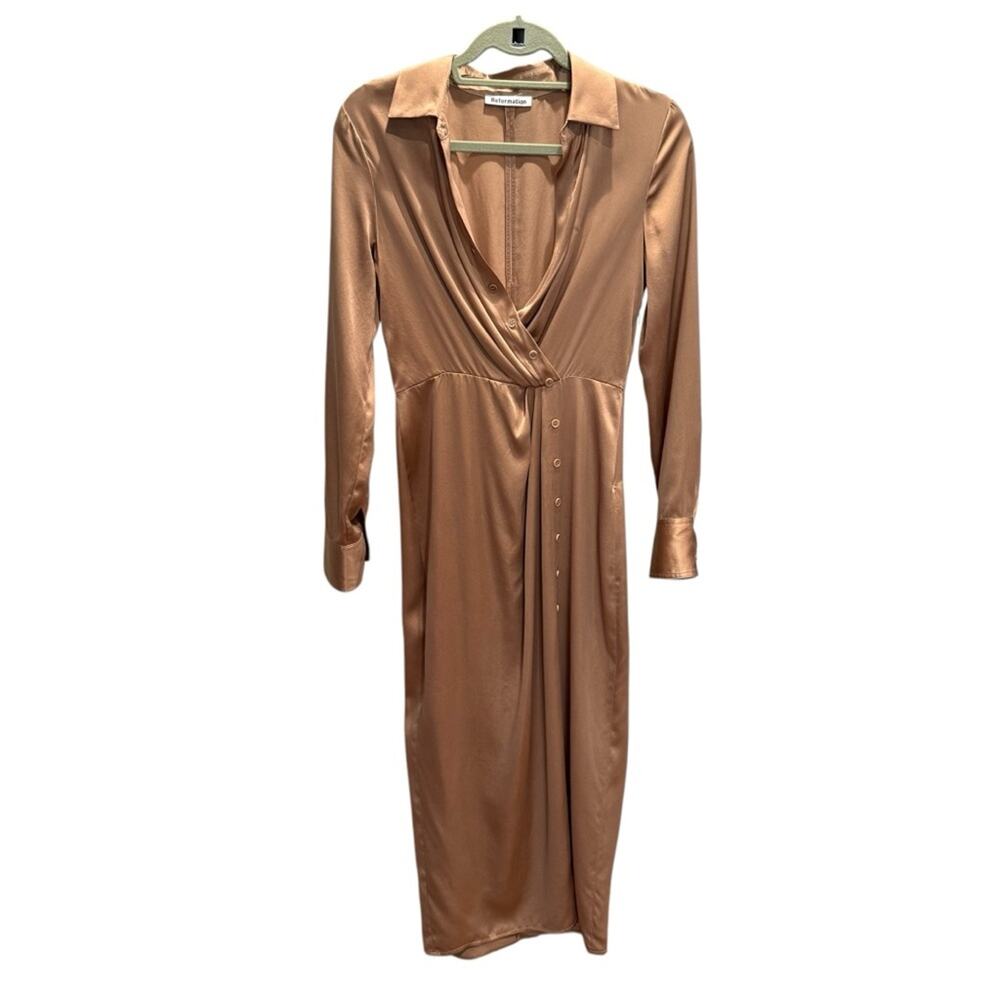 Reformation Lyon Silk Elegant Satin Brown Midi Dress, Size 2